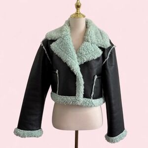 ASOS Black Faux‎ Leather & Mint Shearling Cropped Aviator Jacket